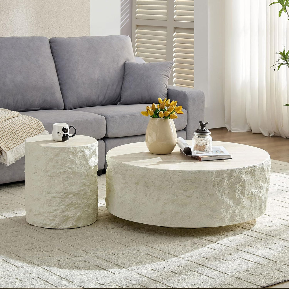 Round Side Table End Table for Living Room, Modern Contemporary Faux Stone St...
