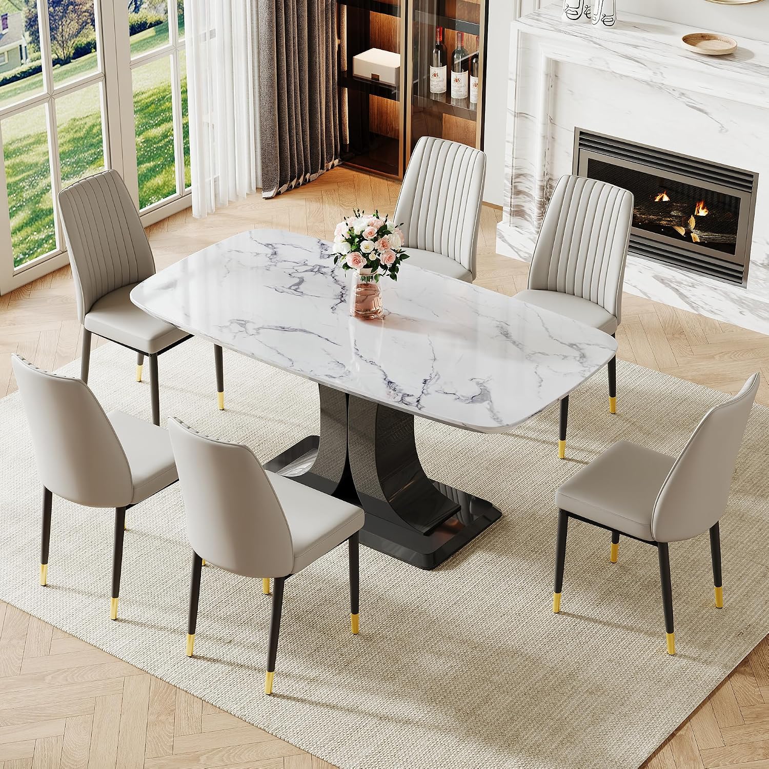 Modern Dining Table Set for 6, Marble Kitchen Table Chair Set for 6, Rectangular Kitchen Table with 6 Pu Leather Upholstered Chair for Dining Room