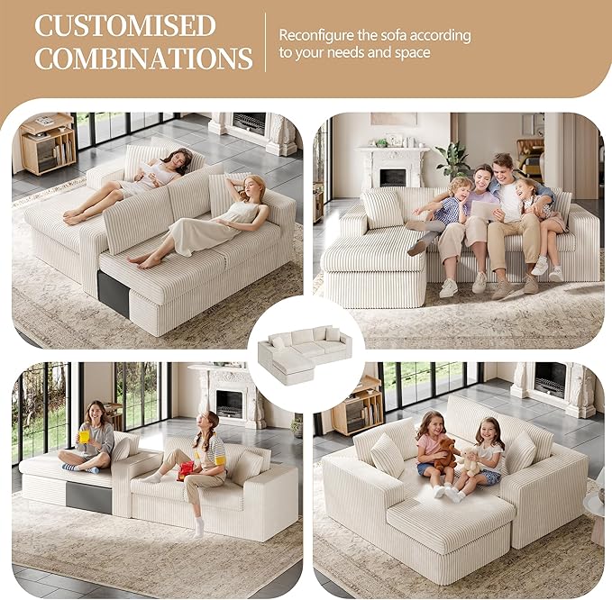 Vongrasig 105" Boneless Couches for Living Room, Sectional Couches Modular Sofa with L-Shaped Chaise, Memory Foam Comfy Cloud Couch with Plush Corduroy Fabric, No Assembly Required, Beige