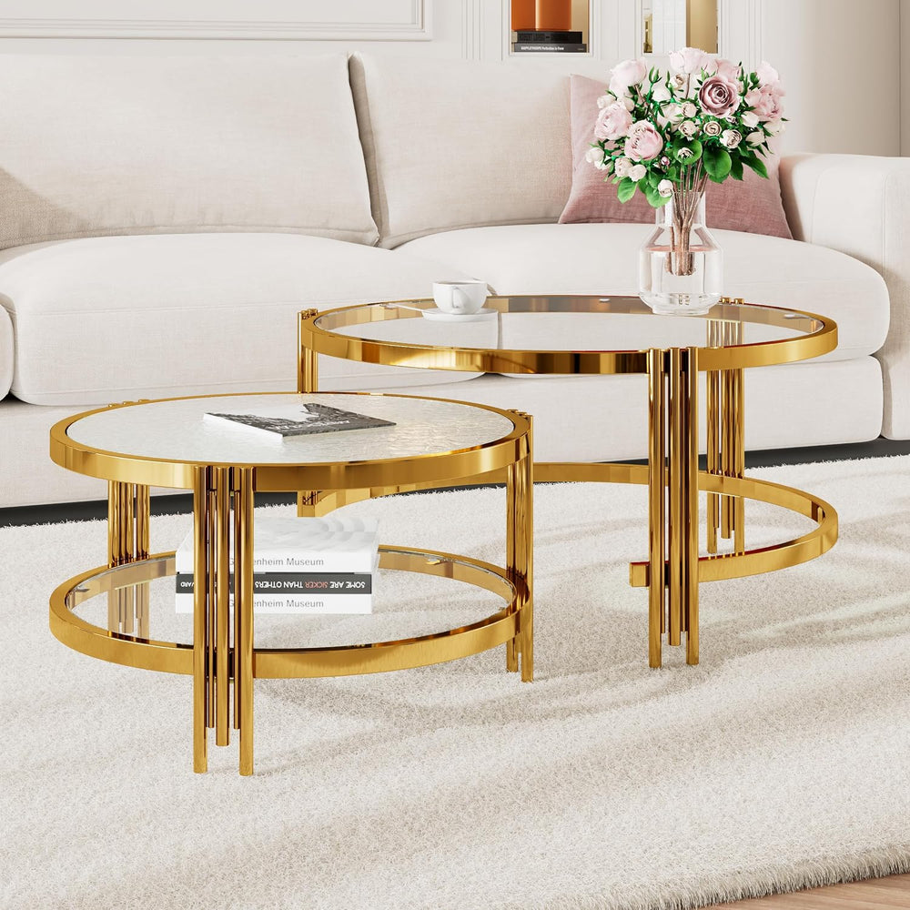 32.75" Round Glass Coffee Table Set of 2, 2-Tier Luxury Nesting Coffee T...