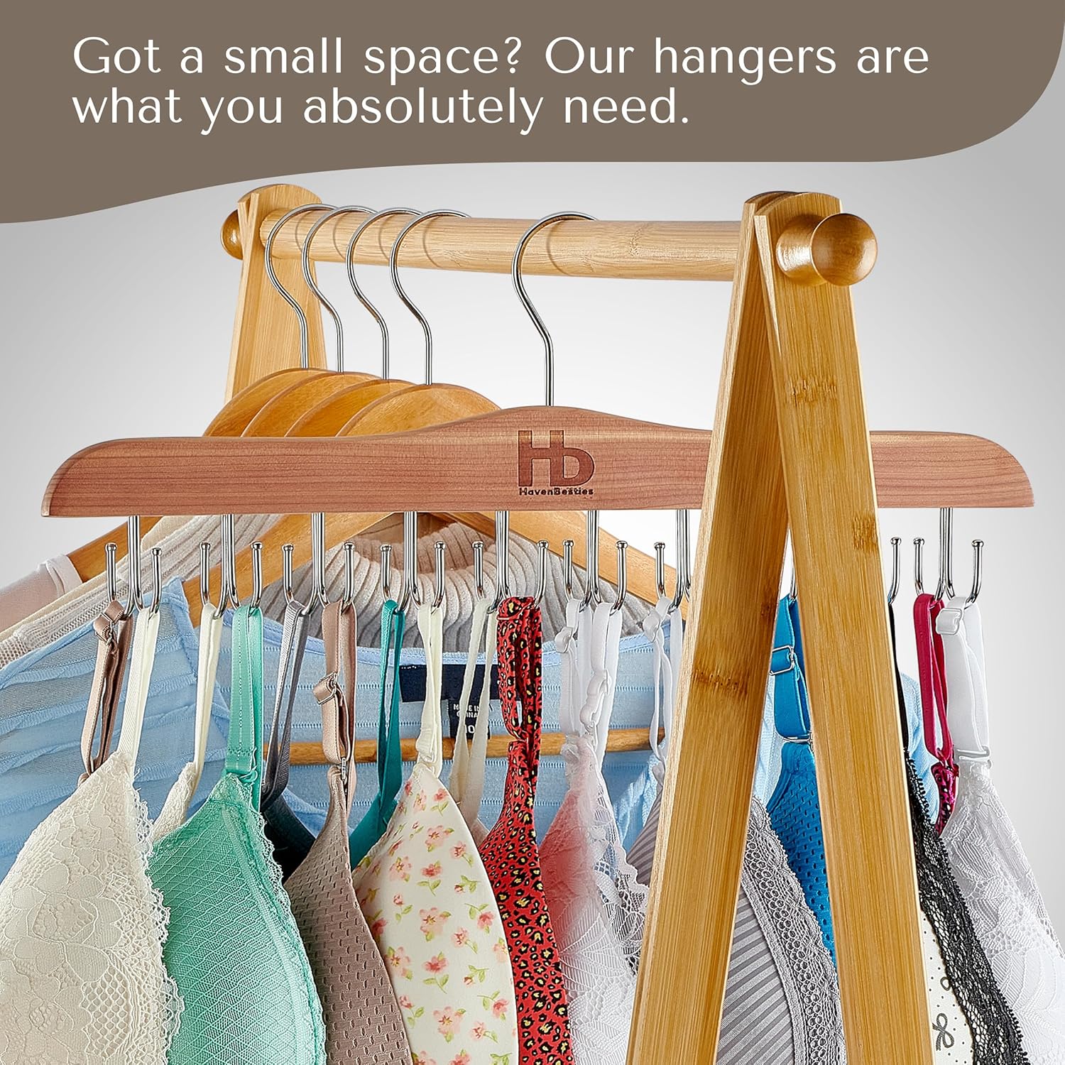 Large Bra Hanger and Bra Organizer for Closet – Tank Top Hanger Space Saving for House, Dorm, Apartment - Foldable Wooden Hangers for Closet Organizer - 20 Hooks - Cedar Wood, Natural, 2 Pack