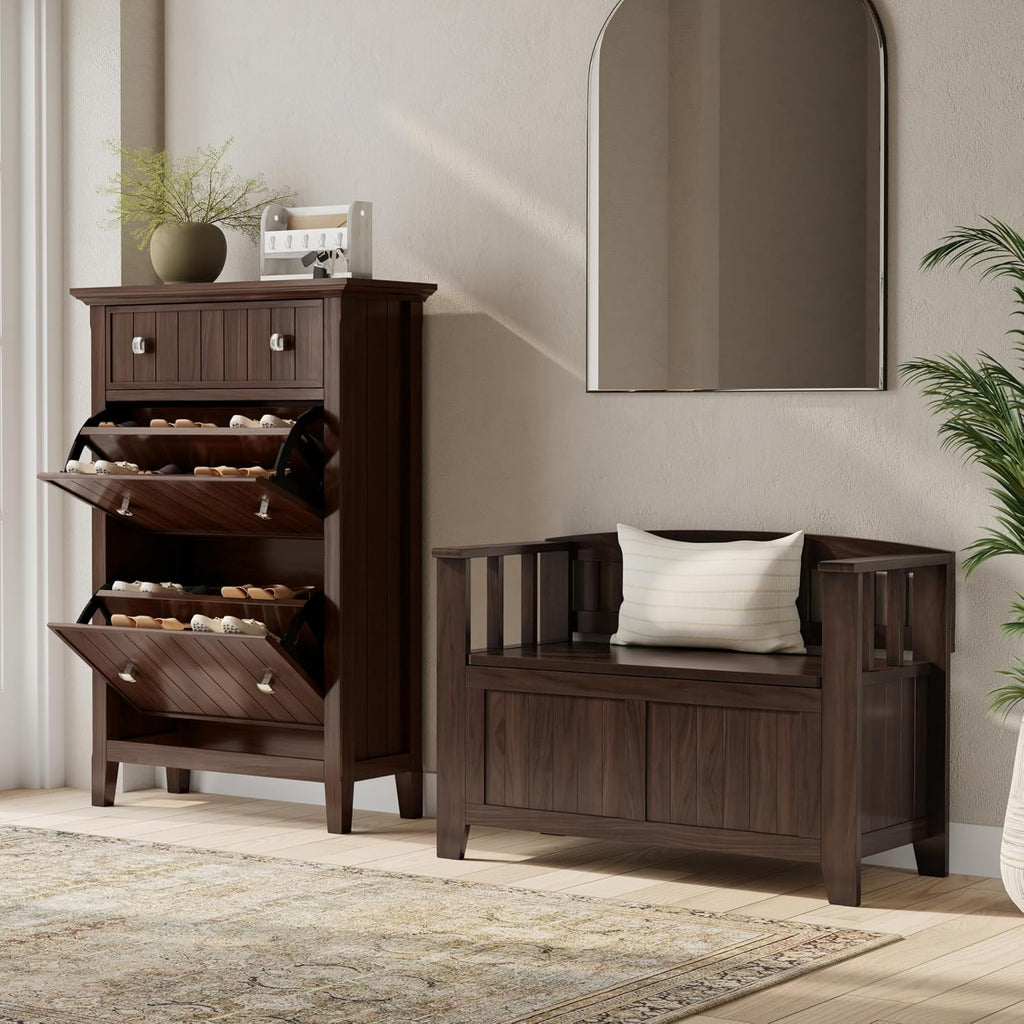 SIMPLIHOME Acadian 2-Seater Storage Bench and Cabinet Set in Brunette Brown