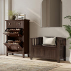 SIMPLIHOME Acadian 2-Seater Storage Bench and Cabinet Set in Brunette Brown