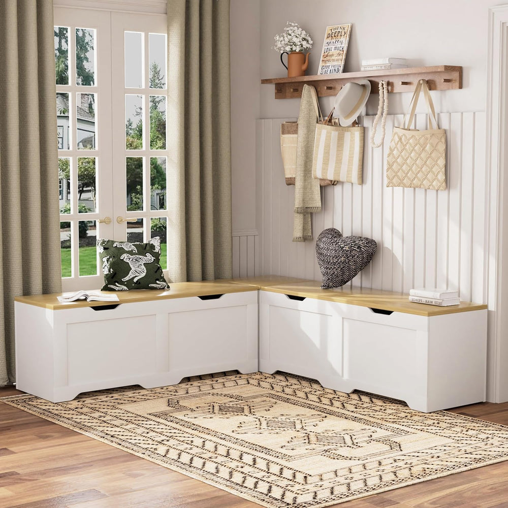 3-Piece L-Shape Storage Bench Set with Cushion, Kitchen Dining Nook Bench wit...