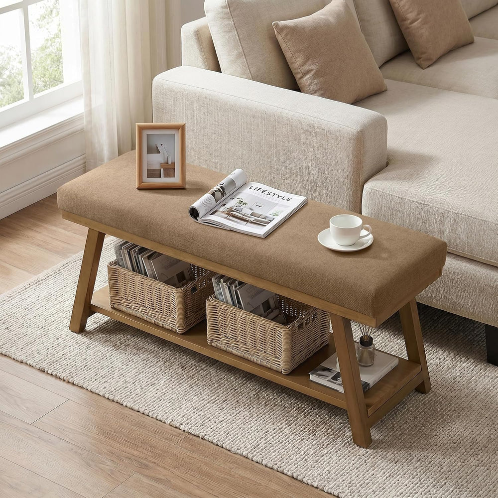 Zihanhome 45" Entryway Bench Upholstered Storage Bench for Bedroom(Brown...