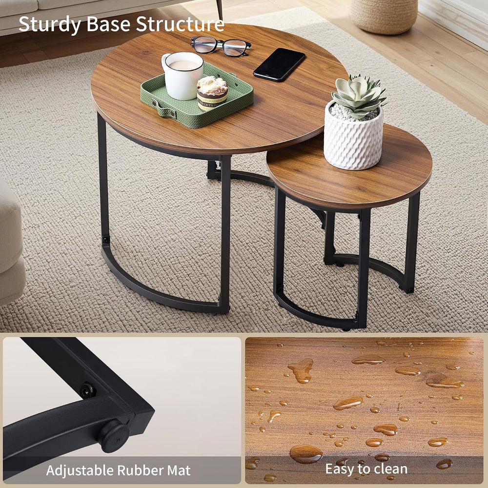 VECELO Nesting Coffee Table Set of 2, Wood Round Side Tables with Adjustable ...