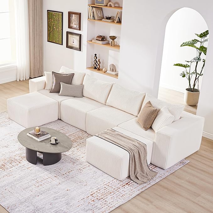 135.4" Cloud Couch Sectional, Modular Sectional Sofa with Deep Seat, Plush Corduroy U Shaped Couch, Convertible Sectional Couches for Living Room, 6Seat, Beige