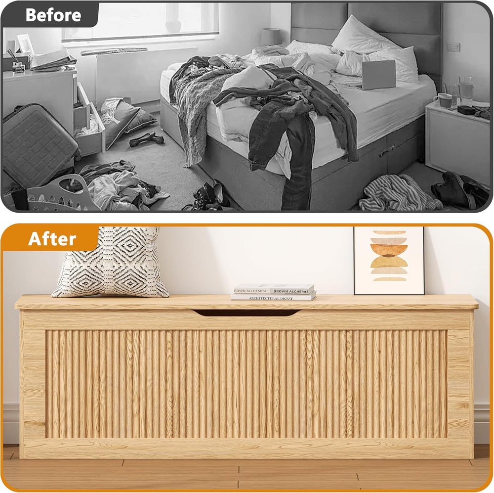 Akxomel 51.2" Fluted Storage Chest Wooden Storage Trunk 2 Safety Hinges ...