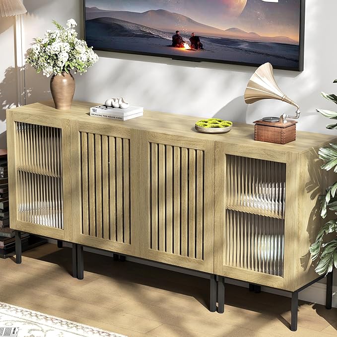 Modern TV Stand for TVs up to 70 Inch, Entertainment Center TV Console with Storage Cabinets and Glass Doors,Media Console for Living Room,Oak