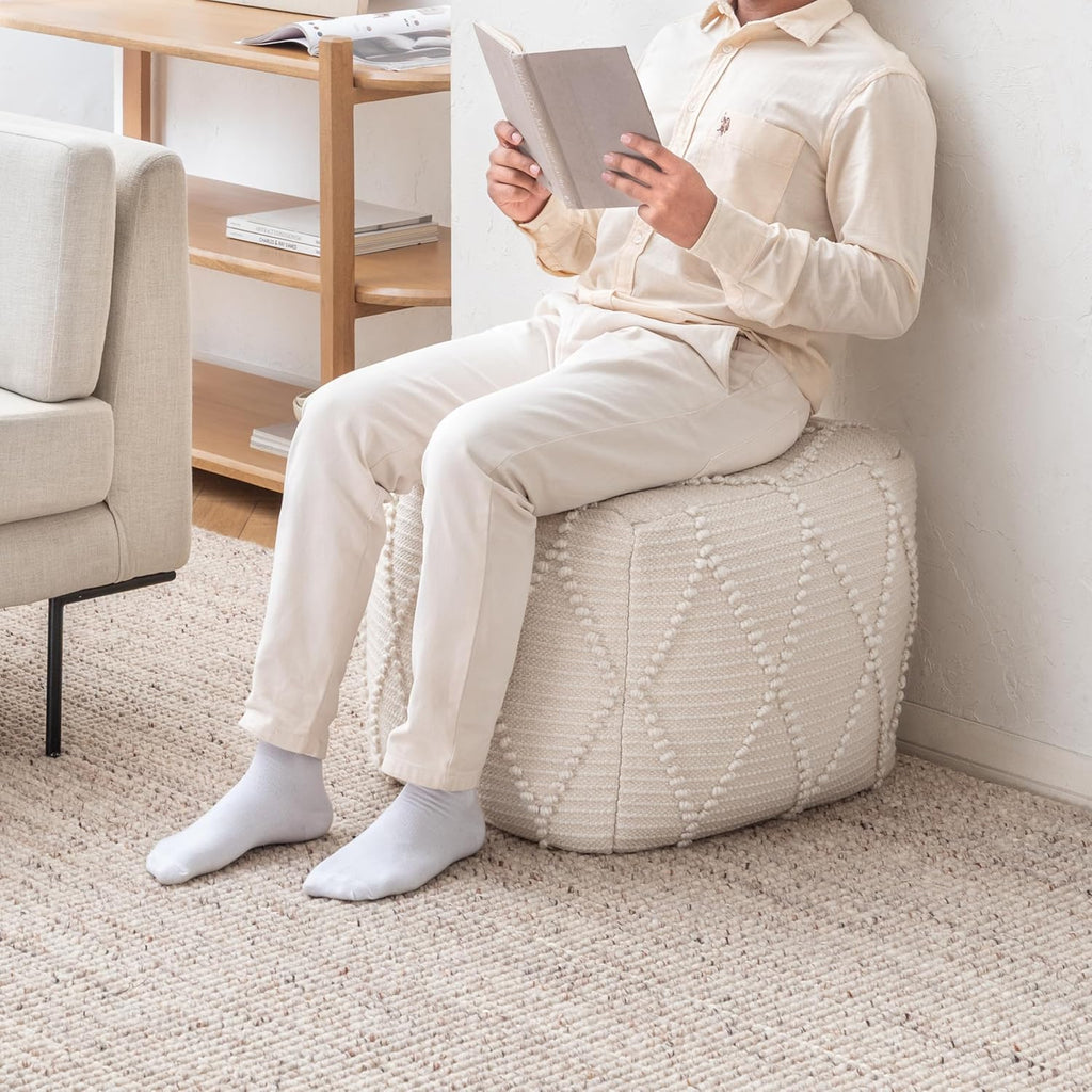 Anji Mountain Pouf Ottoman Foot Rest, Handmade Ottoman Pouf, Comfortable Foot Stool, Decorative Floor Seating for Living Room Decor, Bedroom & Home Décor Accent - Ivory