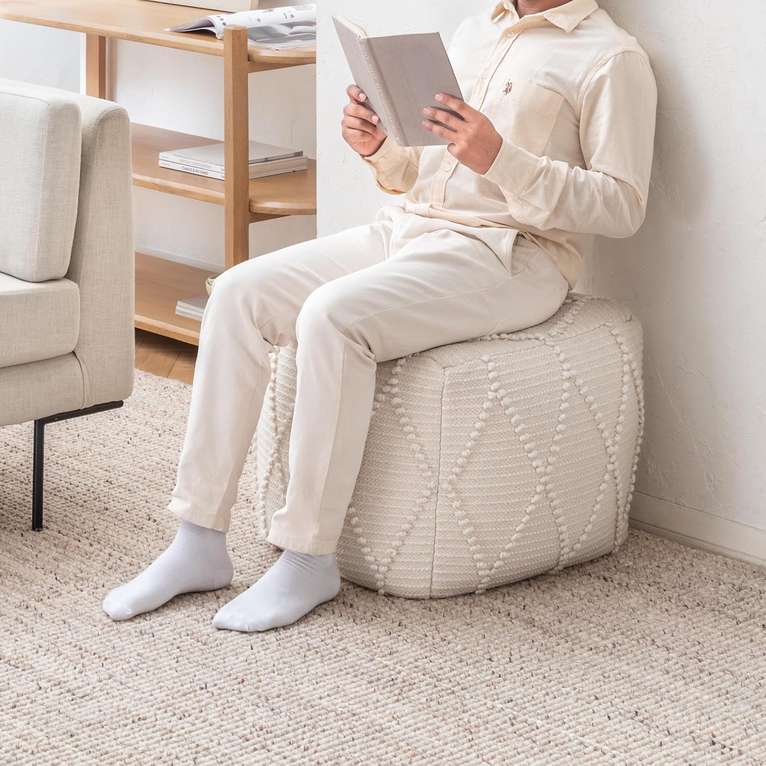 Anji Mountain Pouf Ottoman Foot Rest, Handmade Ottoman Pouf, Comfortable Foot Stool, Decorative Floor Seating for Living Room Decor, Bedroom & Home Décor Accent - Ivory