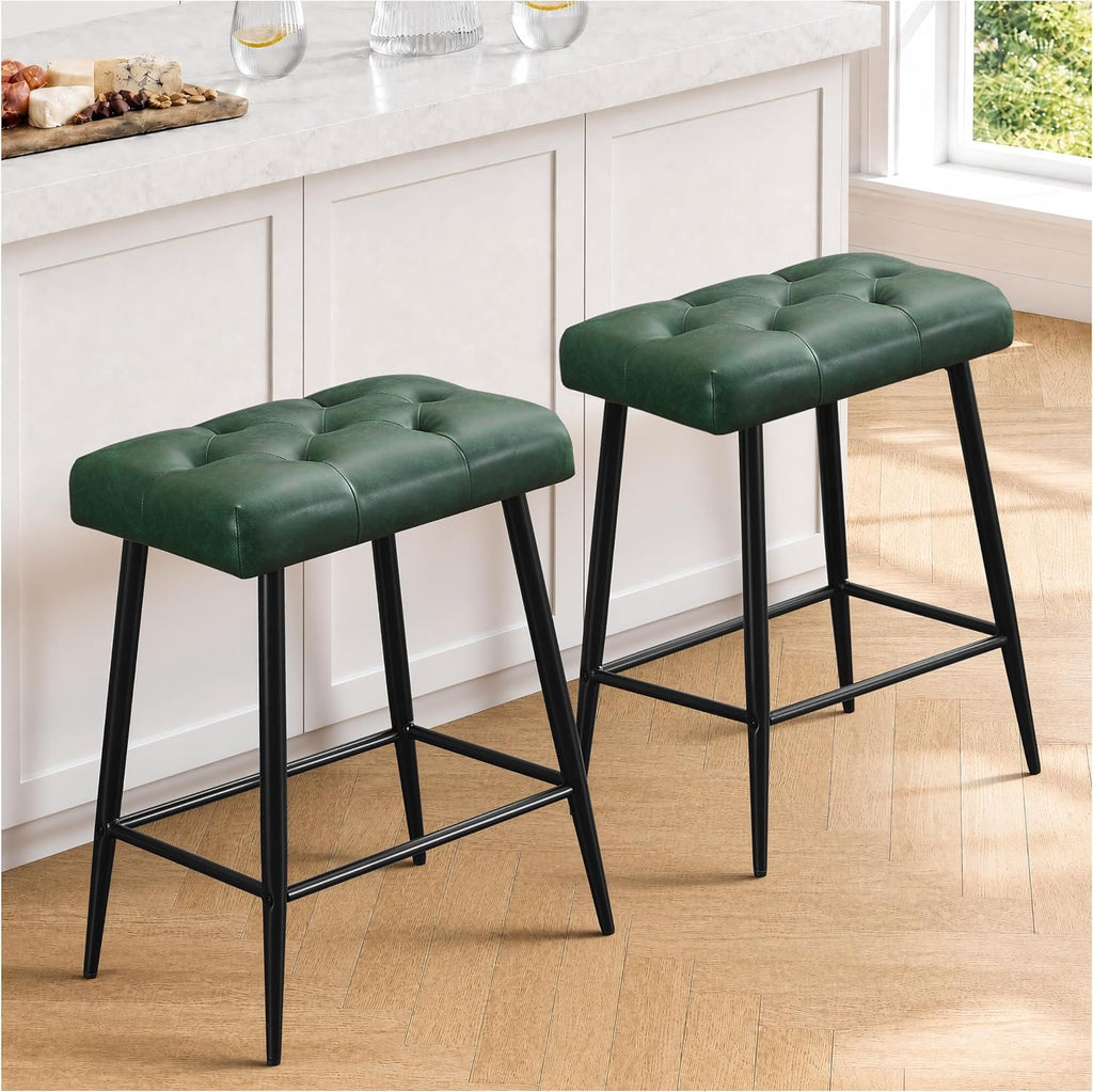 STOOLINK Bar Stools Set of 2, 24 Inch Counter Height Bar Stool for Kitchen Island, Modern Bar Hight Stools with Sturdy Metal Base and Thickened Saddle Cushion, 330Lbs, Green