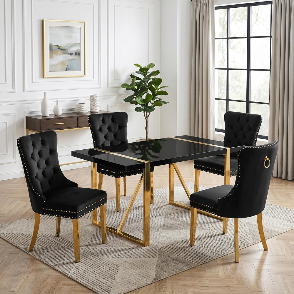 Black Dining Table Set for 4, 55" Black Glossy Top with Gold Metal Legs,...