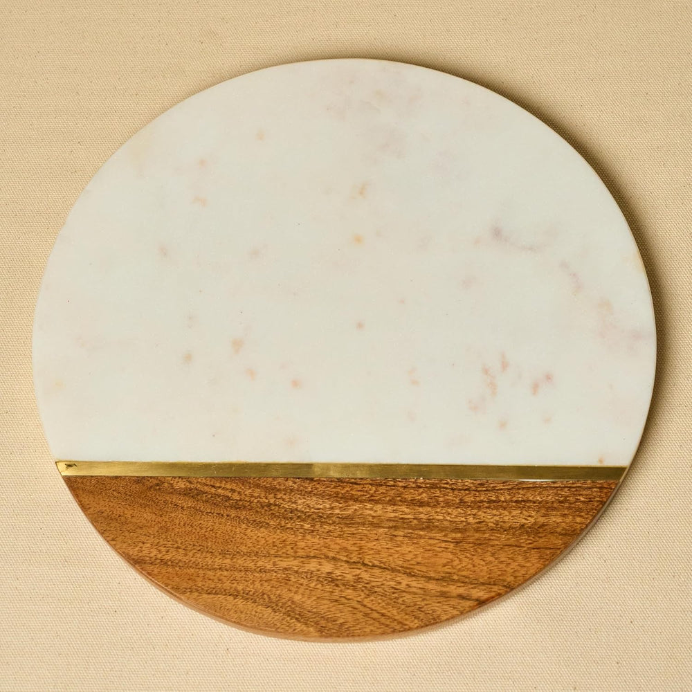 Marble Cheese Board with Wooden Thick Inlay - 3 Knife Set Included Round Char...