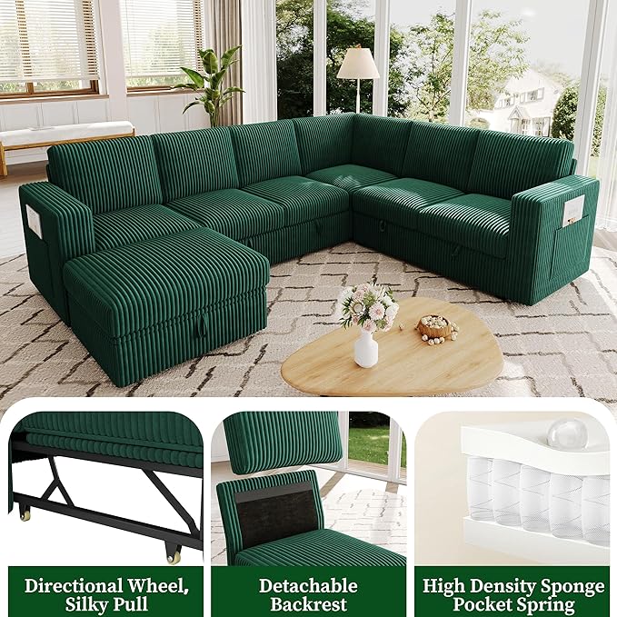 106.7" Sectional Sleeper Sofa with Pull Out Couch, Modern 7 Seat U Shaped Modular Couch, Green Sectionals Modular Sofa with Storage, Comfy Corduroy Couches Sectional for Living Room & Apartment