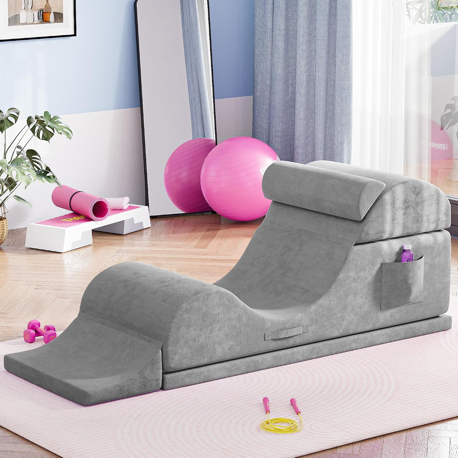 Convertible Yoga Chair for Adults, Ergonomic Foam Lounge with Lumbar Pillow, Washable Cover, Side Pocket, No Assembly Needed – Great for Exercise, Stretching & Relaxation Gray