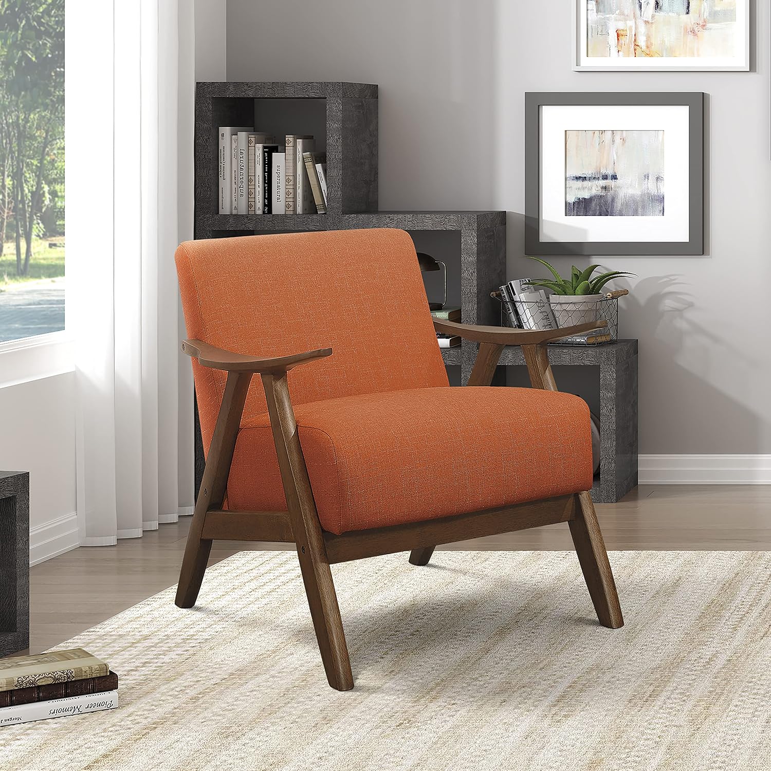 Lexicon Mid Century Modern Accent Chair with Solid Wood Frame in Walnut Finish, Upholstered Living Room Lounge Arm Chair, Thick and Comfy Innerspring Seat Cushion, Linen-Look Fabric, Orange