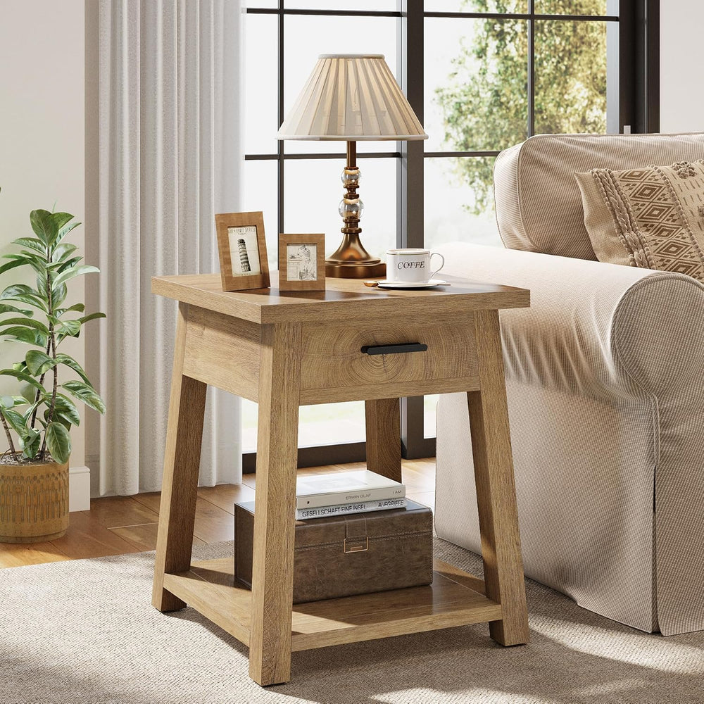Tribesigns Farmhouse Square Side Table, 2 -Tier Wooden End Table with Drawer,...