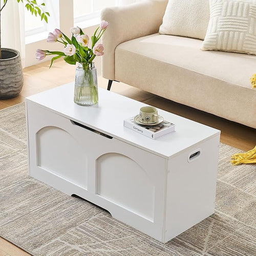 39.4" Storage Chest, Wooden Storage Bench, Storage Trunk, Chest with Lift Top, Large Box Entryway Bench, Supports 330 lb U-Shaped Opening for Entryway, Hallway, Living Room, Ivory White