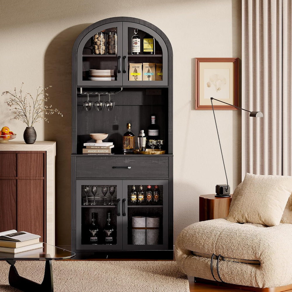 Arched Kitchen Pantry Storage Cabinet, Black Wooden Coffee Bar Cabinet with D...