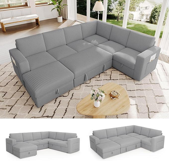 106.7" Sectional Sleeper Sofa with Pull Out Couch, Modern 7 Seat U Shaped Modular Couch, Sectionals Modular Sofa with Storage, Comfy Corduroy Couches Sectional for Living Room & Apartment, Gray