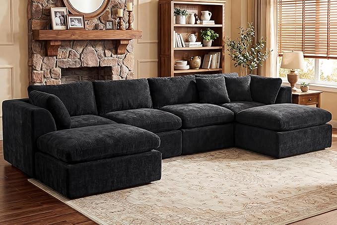 141'' Oversized Cloud Sectional Boneless Couch for Living Room, Modern Big Compressed U Shape Couch with 2 Ottoman 2 Throw Pillows, Comfy Chenille Deep Seat Memory Foam Spineless 6 Seater Sofa,Black | No Assembly Needed, Premium Chenille, Flexible Modu...