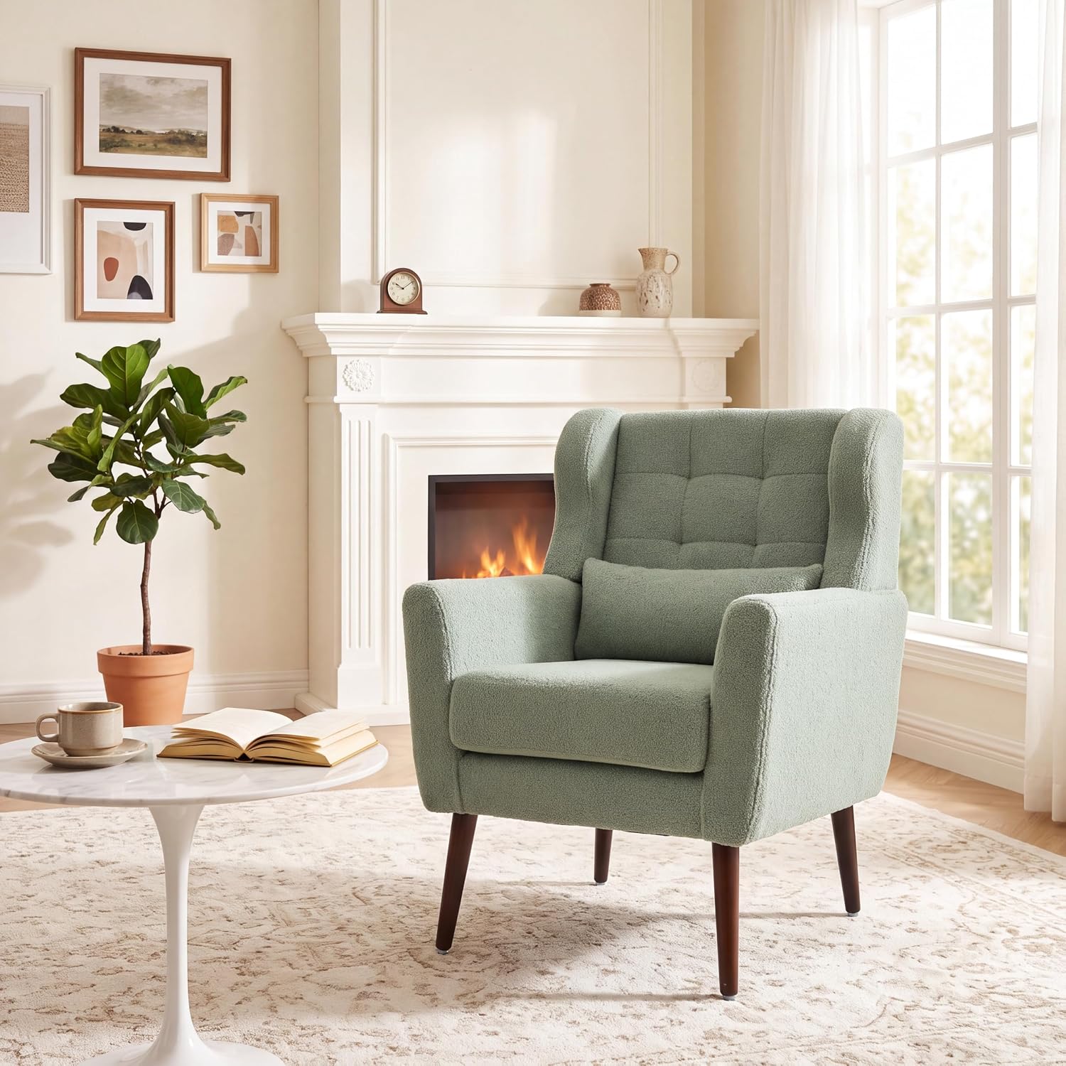 Dolonm Accent Chair for Living Room, Mid-Century Arm Chair, Comfy Upholstered Reading Armchair with Pillow Backrest for Bedroom, Mordern Lounge Chair Solid Wood Leg (Light Green)