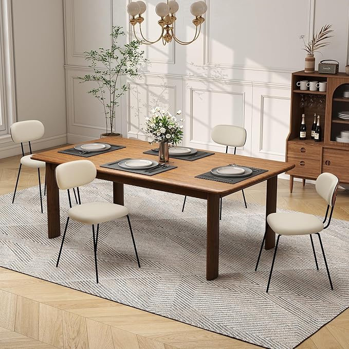 LSSPAID Dining Chairs Set of 4, Linen Fabric Upholstered Dining Room Chairs with Walnut Bentwood Back, Mid-Century Modern Kitchen Chairs with Adjustable Feet Pads, Beige