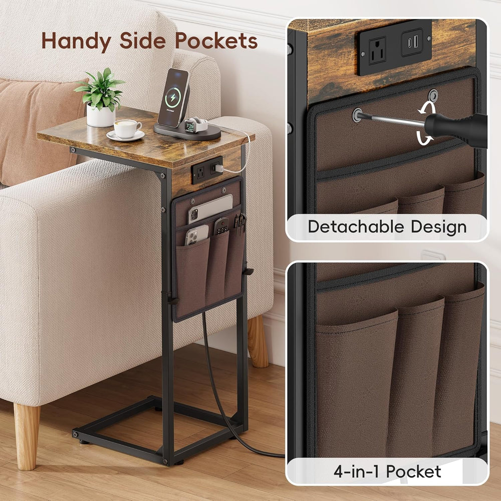 Vagusicc C Shaped End Table with Charging Station, Adjustable Height Side Tab...