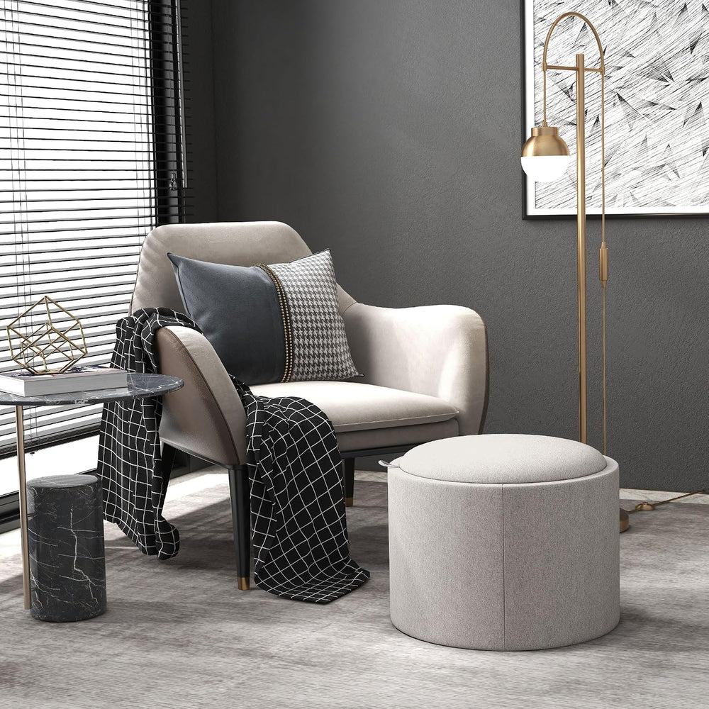 HOMCOM Round Storage Ottoman with Flip Top Tray, Footstool, Light Gray | Upho...
