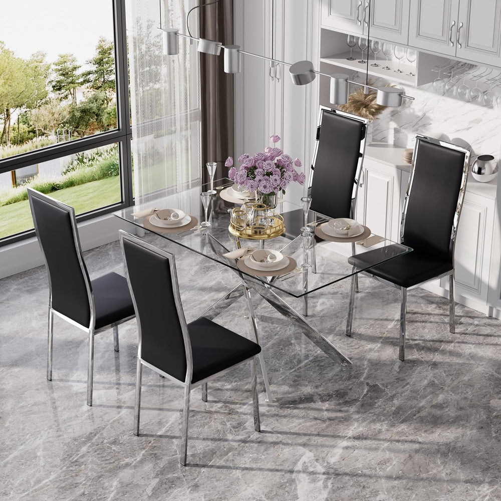 Modern Glass Dining Table Set for 4, 5-Piece Rectangular Kitchen Table Set wi...