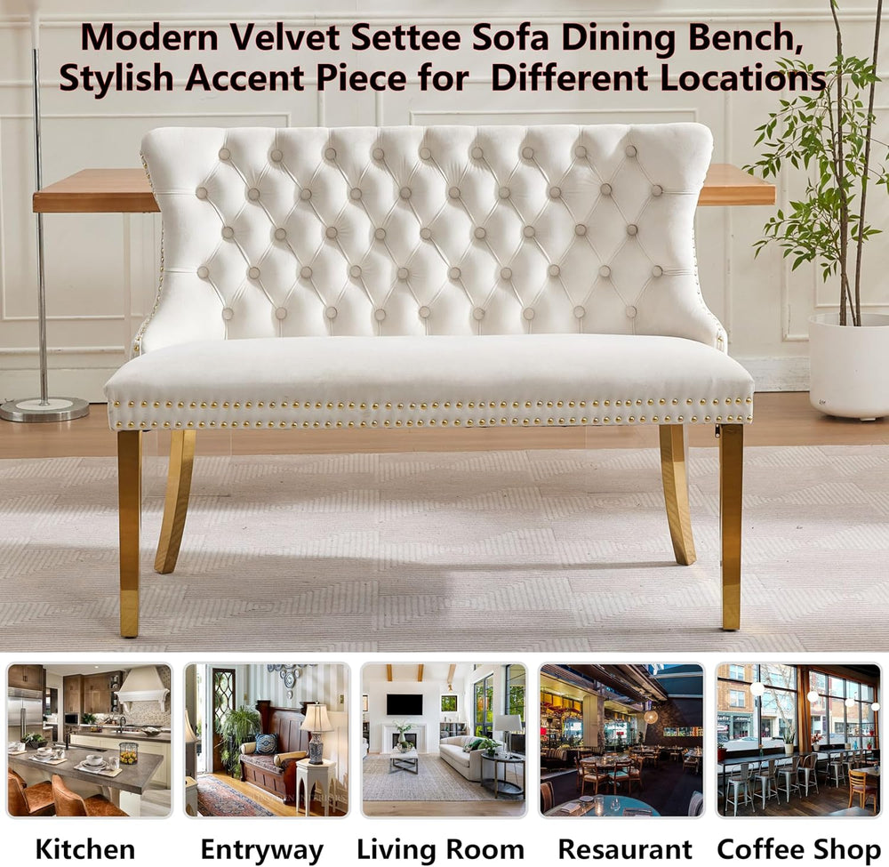 Upholstered Dining Bench with Back Button Tufted Settee Benches Small Lovesea...