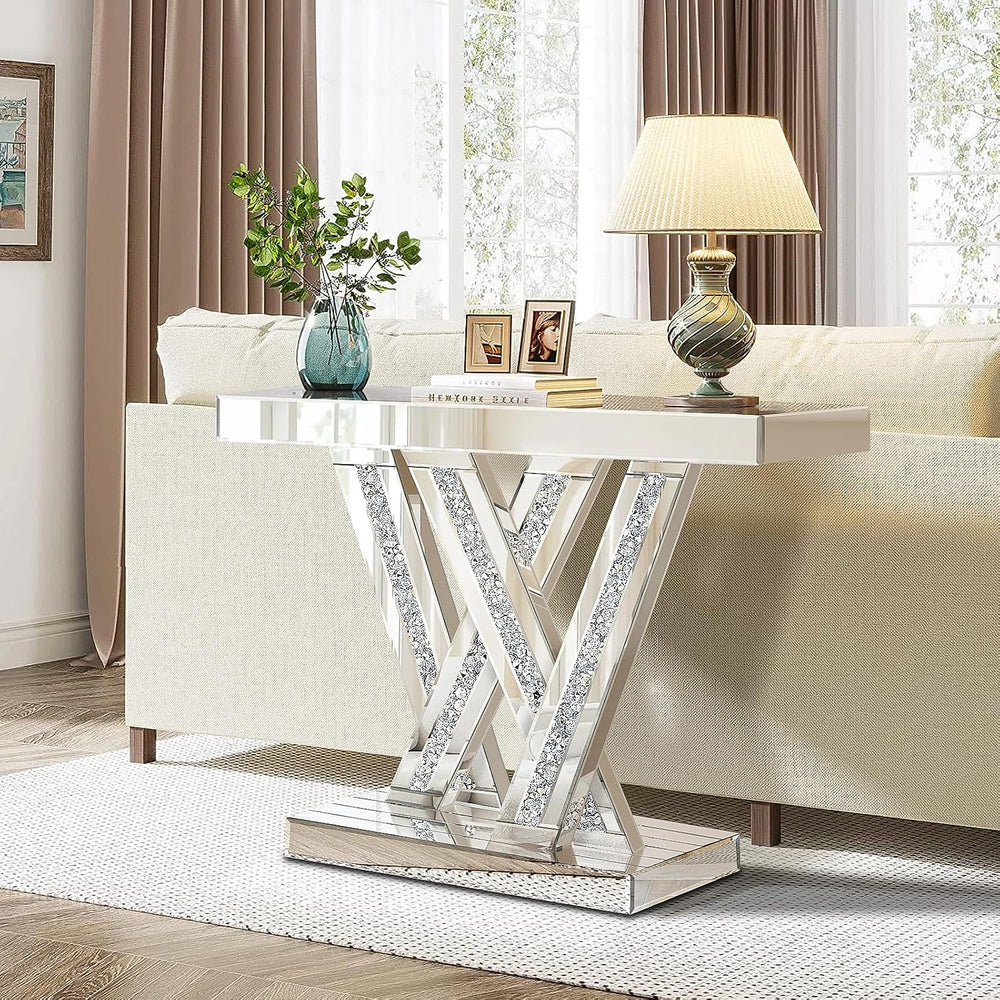 Modern Entryway Console Table with Crushed Diamond Inlay, 35.43" Silver ...