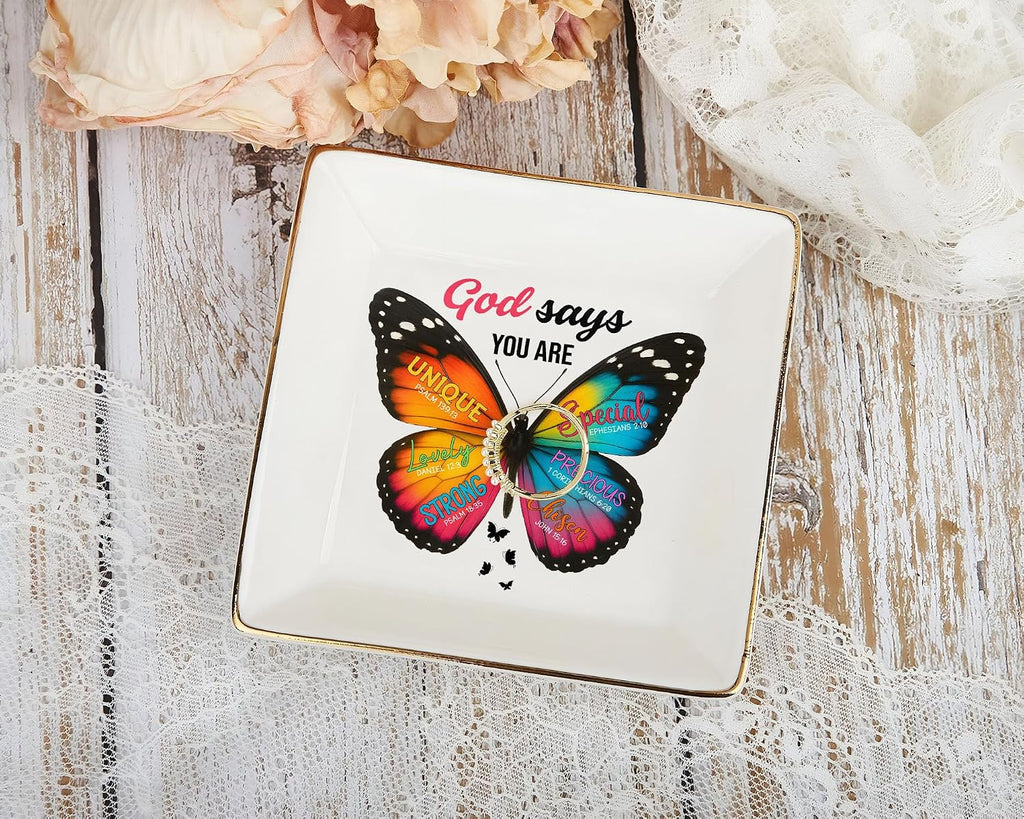 Christian Bible Verse Jewelry Dish Gift for Women, Butterfly Religious 4" Ceramic Jewelry Tray, Christian Gifts for Mom, Daughter, Friends - Birthday, Confirmation, Catholic Gift for Her, Teen Girls
