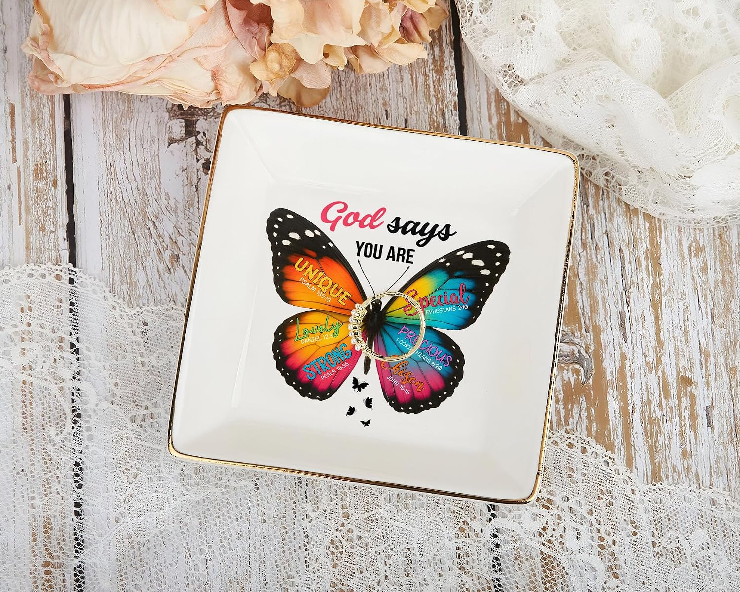 Christian Bible Verse Jewelry Dish Gift for Women, Butterfly Religious 4" Ceramic Jewelry Tray, Christian Gifts for Mom, Daughter, Friends - Birthday, Confirmation, Catholic Gift for Her, Teen Girls