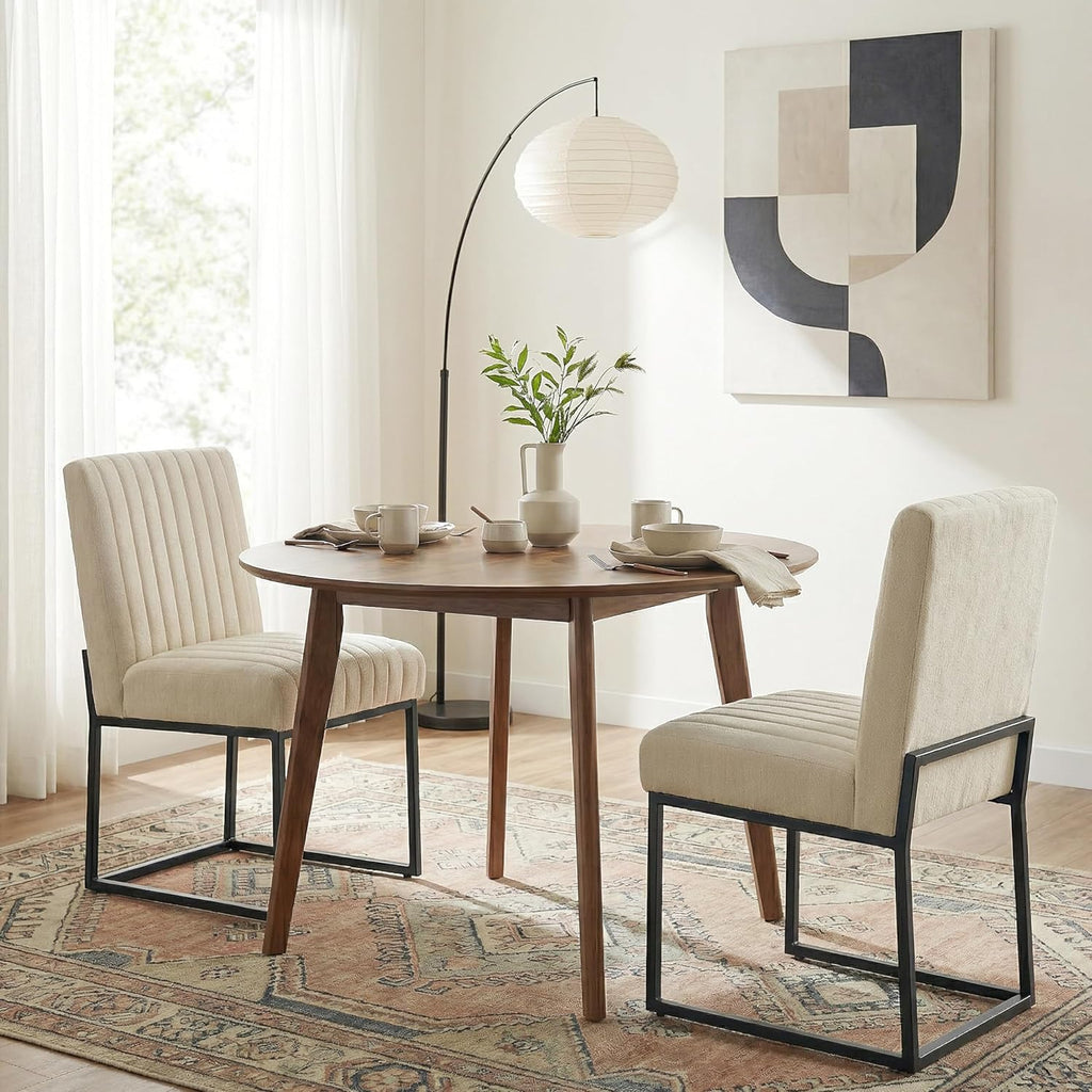 VKNOW Upholstered Dining Chairs, Modern Dining Room Chairs with Stripe, Linen Kitchen Chair Dinner Chair with Black Metal Base for Kitchen, Beige