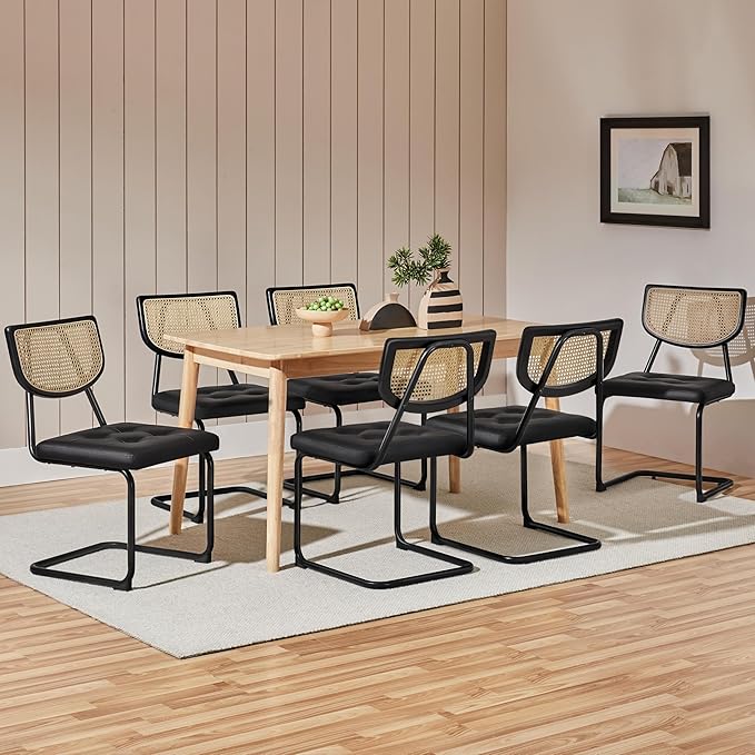 Yaheetech Rattan Dining Chairs Set of 6 Mid Century Modern Dining Room Chairs with Chrome Legs and Rattan Back for Home Kitchen, Faux Leather, Black