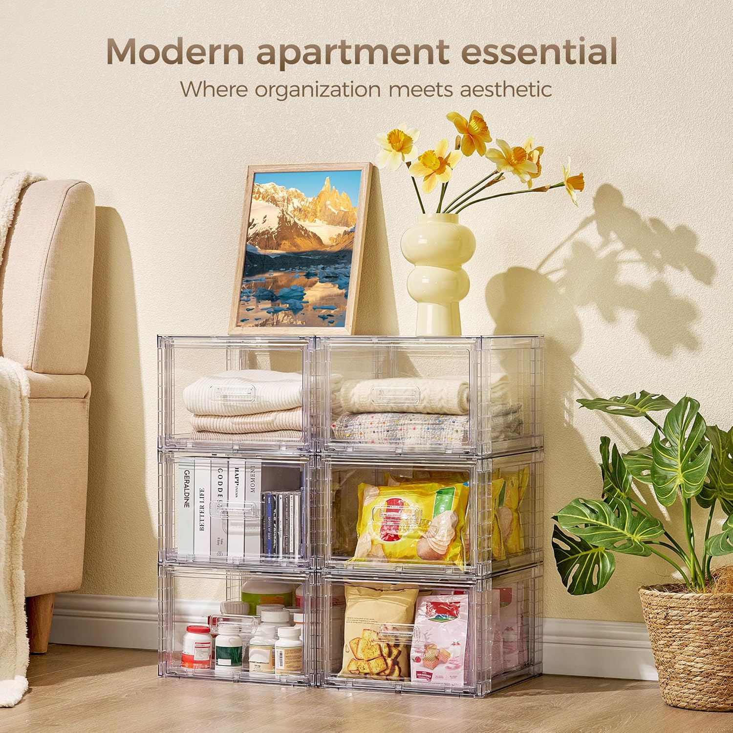 Vtopmart 4 Pack 18QT Clear Stackable Storage Drawers,Easily Assemble Closet Organizers,Plastic Storage Bins for Bathroom,Cabinet,Kitchen Pantry,Under Sink Organization(Medium)