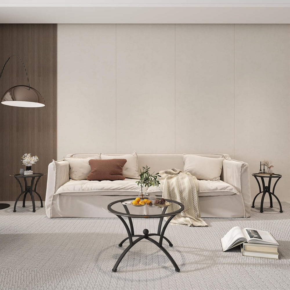 3 Tempered Glass Coffee Table Set, Decor Coffee Table Round End Side Table wi...