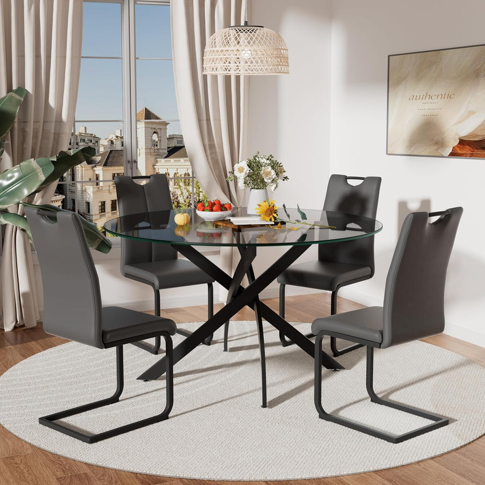 RGZ 5 Pieces Modern Round Kitchen Set, Clear Grey Circle Glass Dining Table w...