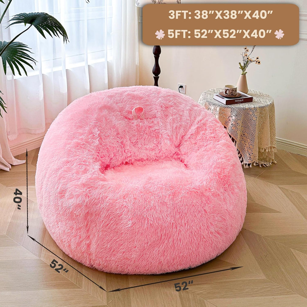 MEGO 5FT Fluffy Faux Fur Giant Bean Bag Chair Cover (No Filler), Soft Comfy Stuffed Animal Storage Cover for Adults Kids, Lazy Sofa Bed Beanbag Cover for Living Room Bedroom Decor, Anti-Slip, Pink