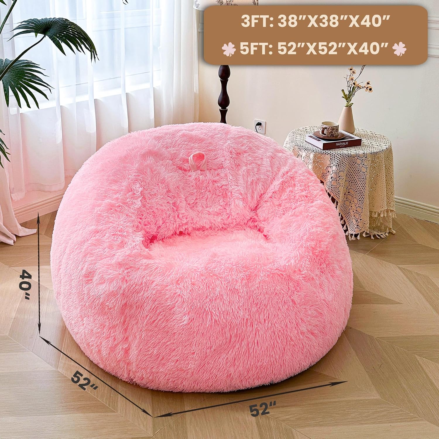 MEGO 5FT Fluffy Faux Fur Giant Bean Bag Chair Cover (No Filler), Soft Comfy Stuffed Animal Storage Cover for Adults Kids, Lazy Sofa Bed Beanbag Cover for Living Room Bedroom Decor, Anti-Slip, Pink