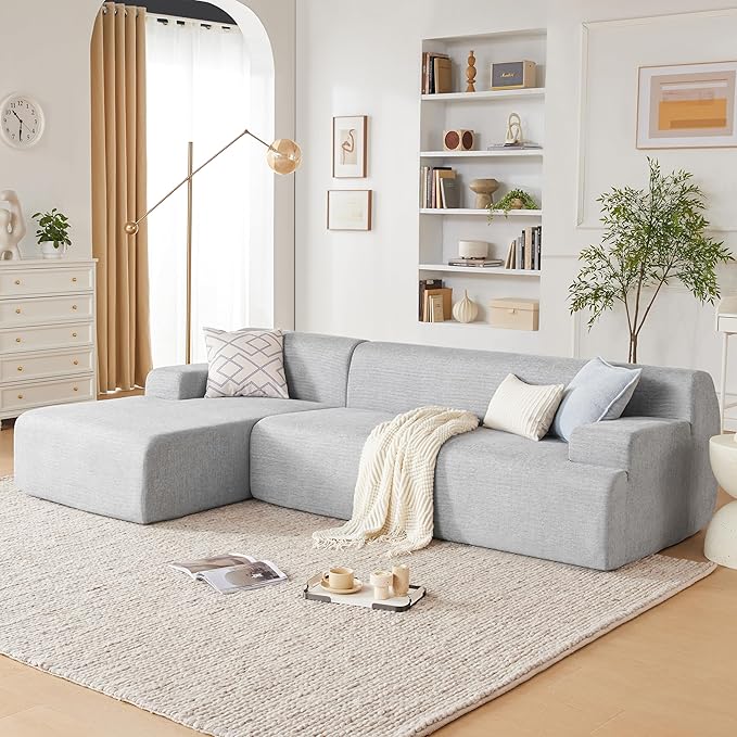 107" Modular Sectional Cloud Couch, Boneless couches Sponge sectionals for Living Room, High Density Sponges Sofa, Modular L-Shape with Chaise, Lightgrey