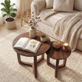Tangkula Round Nesting Coffee Table Set of 2, Farmhouse End Tables with Solid Rubber Wood Tripod Legs, Compact Sofa Side Tables for Living Room Bedroom Small Spaces (Walnut)