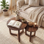 Tangkula Round Nesting Coffee Table Set of 2, Farmhouse End Tables with Solid Rubber Wood Tripod Legs, Compact Sofa Side Tables for Living Room Bedroom Small Spaces (Walnut)