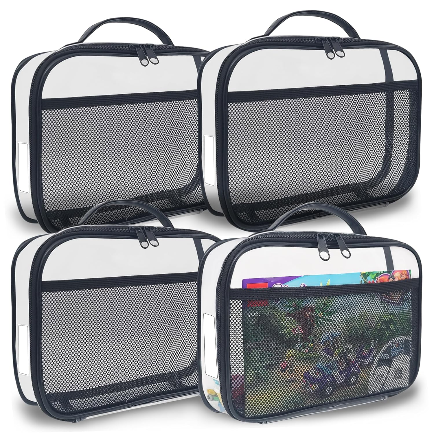 holay 4 Packs PVC Zippered Blocks Set, Toy, Clay, Board game Storage Organizer Case (Name Tag, Manual Pocket) (Black, Small)