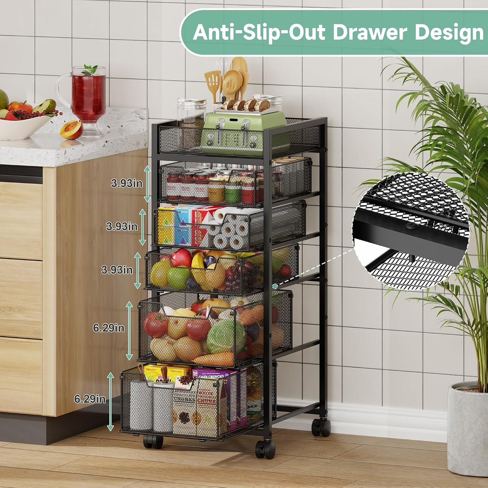 6-Tier Rolling Cart with 5 Drawers & Top Basket, Snack Cart with Wheels |...