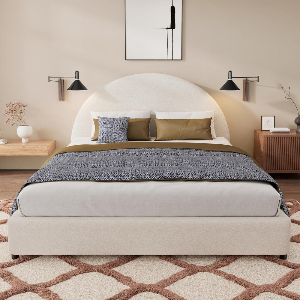 Queen Bed Frame, White Boucle Upholstered Curved Arch Headboard