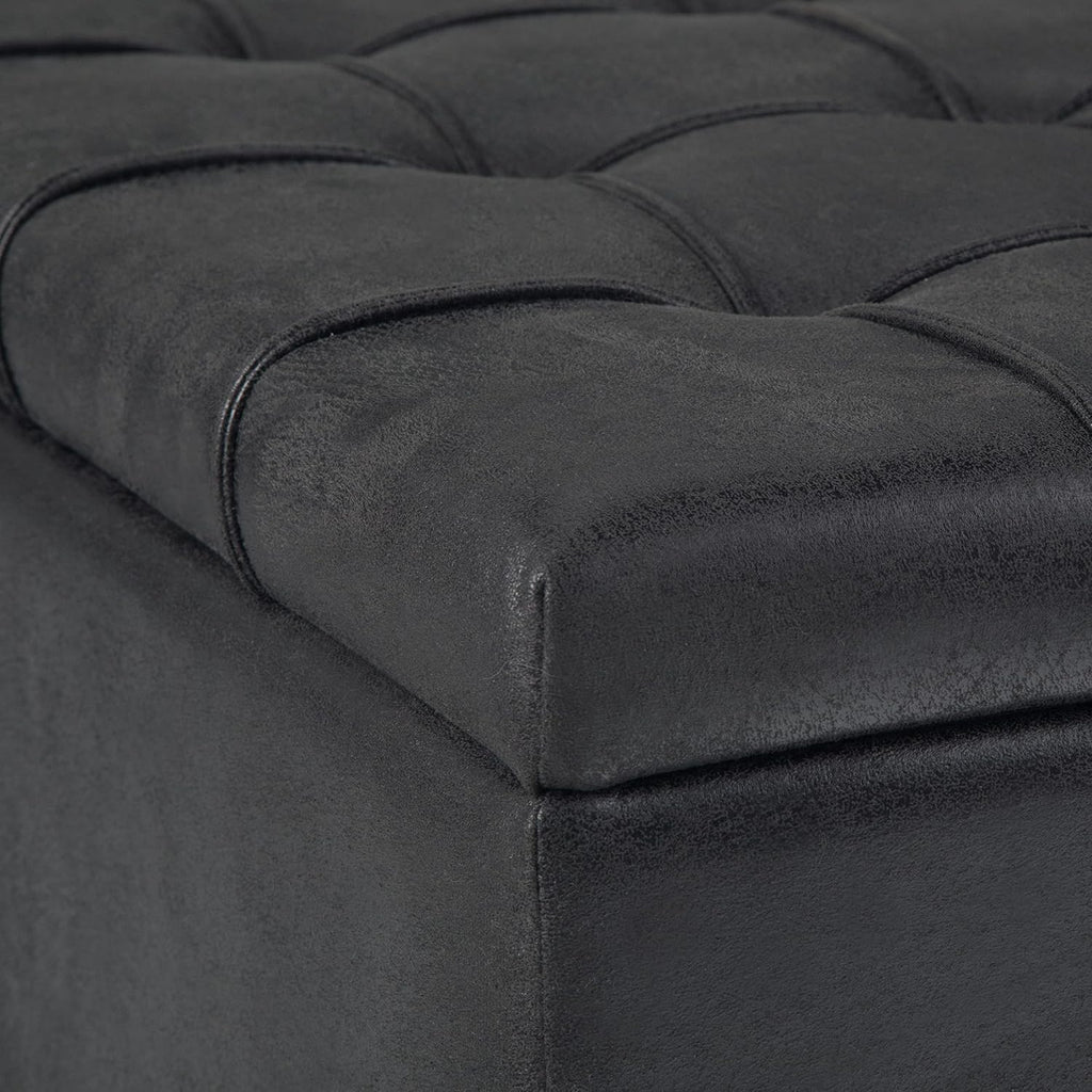 SIMPLIHOME Harrison Coffee Table Storage Ottoman - 36 inch Wide Upholstered Vegan Leather Square Ottoman in Distressed Graphite Black, Transitional Ottoman for Living Room with Split Lift-Up Lid