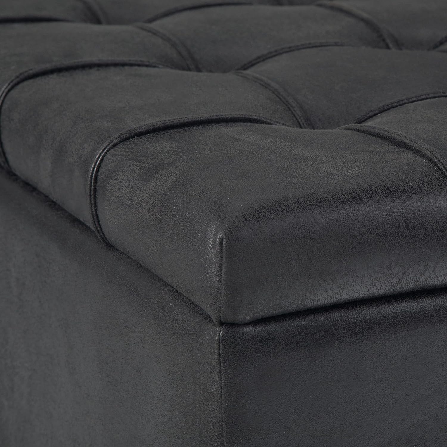 SIMPLIHOME Harrison Coffee Table Storage Ottoman - 36 inch Wide Upholstered Vegan Leather Square Ottoman in Distressed Graphite Black, Transitional Ottoman for Living Room with Split Lift-Up Lid